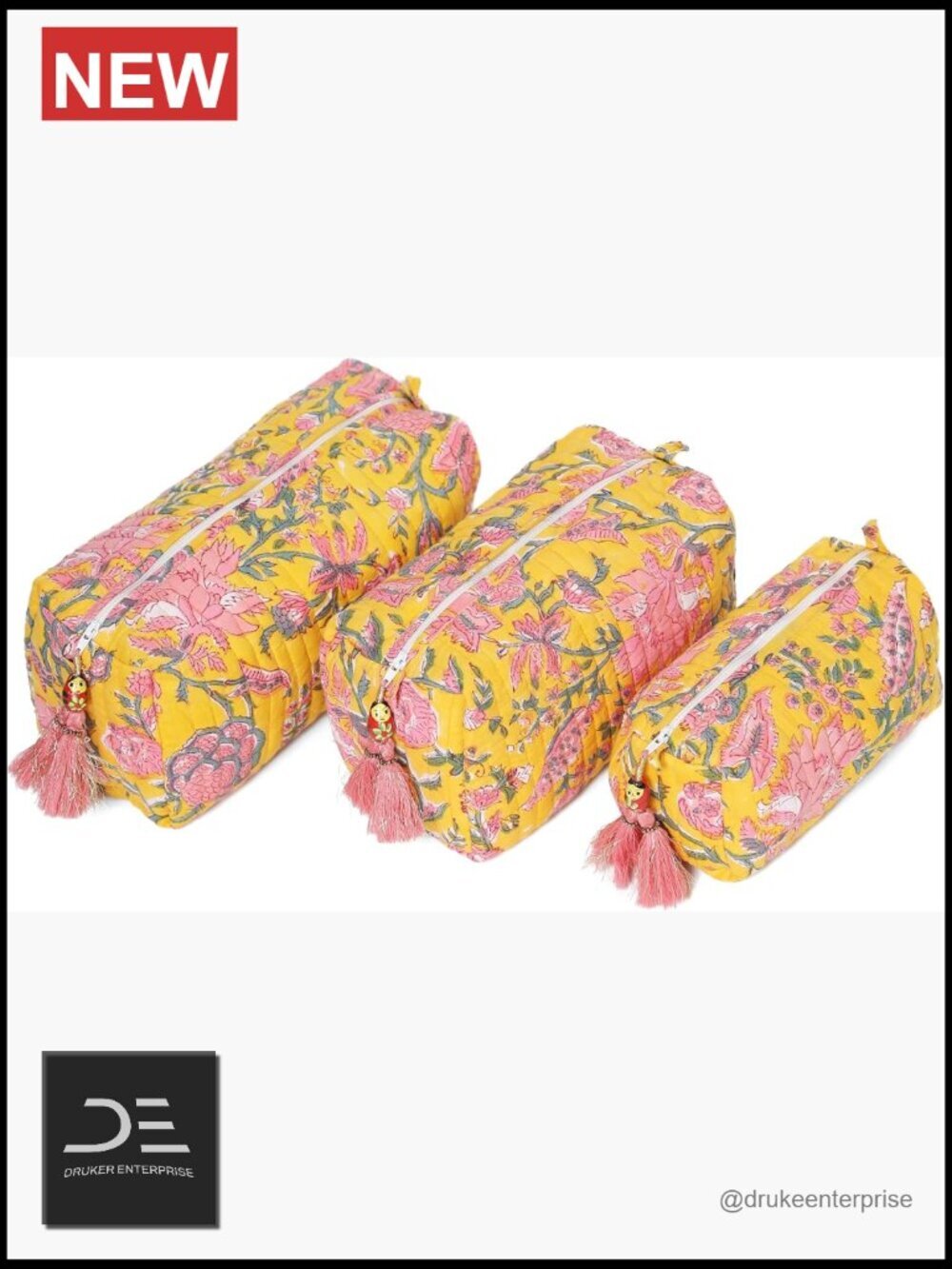 Quilted Makeup Bag Set of 3, Cotton Cosmetic Bags, Waterproof Lined Toiletry